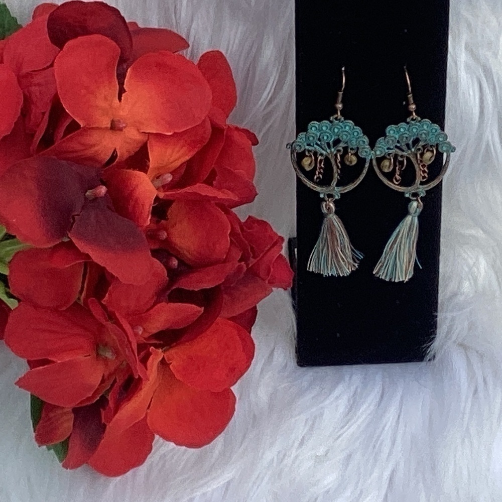 BOGO New Turquoise Blue & Copper Southwestern Boho Tree Of Life Tassel Earrings - Picture 4 of 7